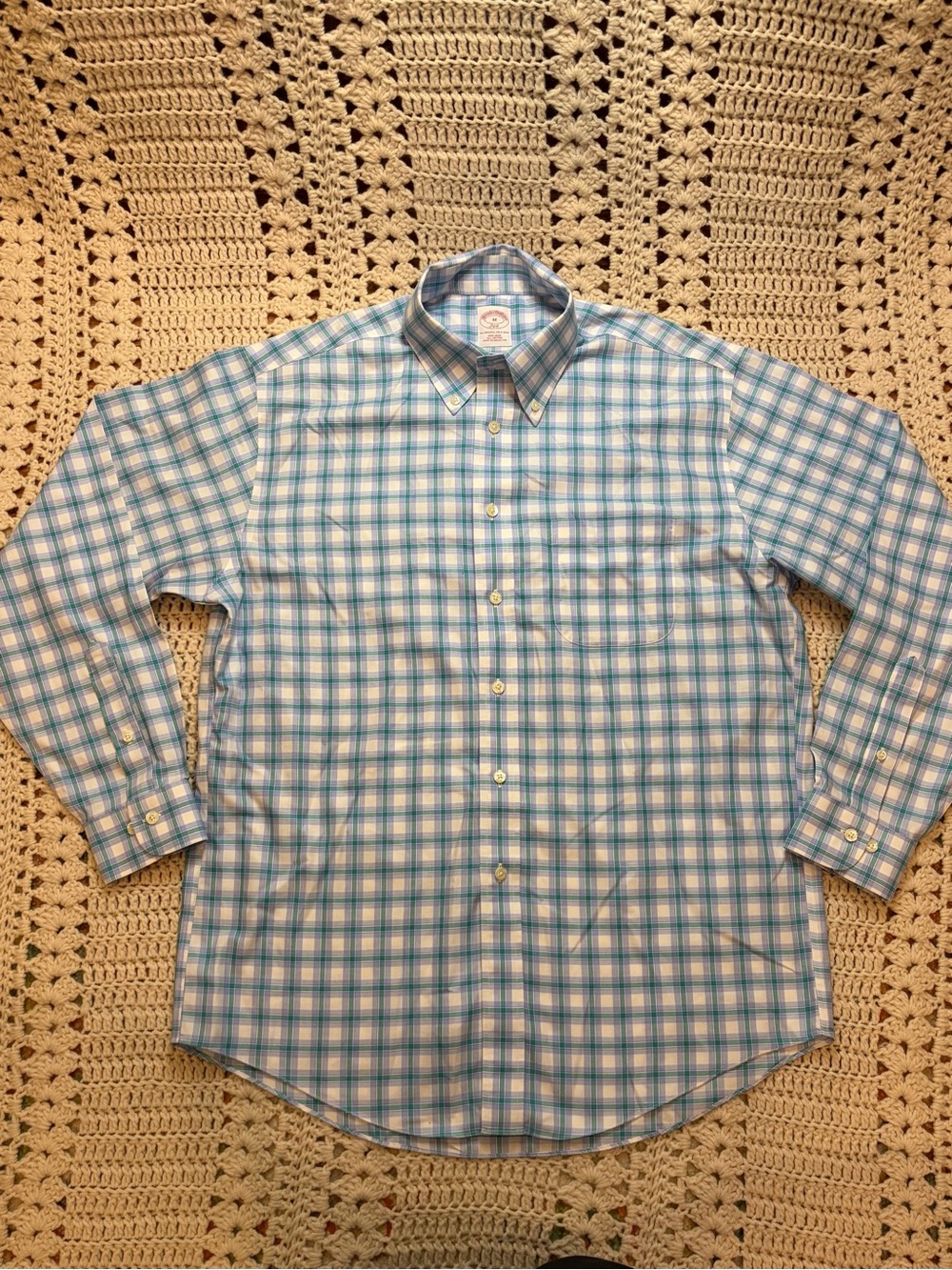 Brooks Brothers Light Blue/Green/White Plaid Button-Down Shirt - Medium